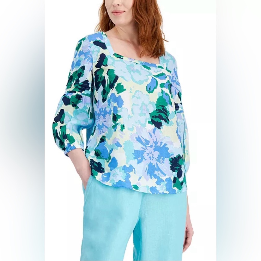NWOT Charter Club Women's 100% Linen Printed Square-Neck Top, Size M